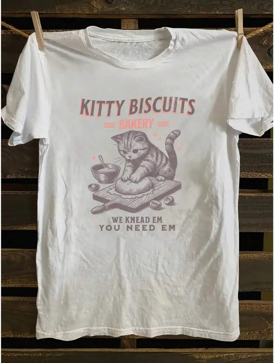 Women'S Kitty Biscuits Graphic T-Shirt - Cute Cat & Biscuit Print With "We Bake Em" Slogan, Soft Breathable Crew Neck Short Sleeve Top, Casual Casual Attire For Cat Lovers & Baking Enthusiasts, All-Season Fit Tee - 黑色 - 查看 1