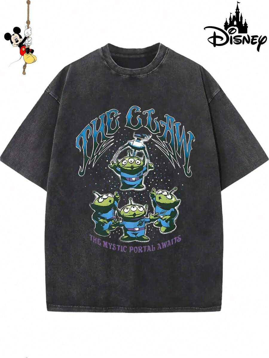 Disney Official Licensed Alien Vintage Wash T-Shirt 230g Cotton Crew Neck Drop Shoulder Unisex Tee - 黑色 - 查看 1