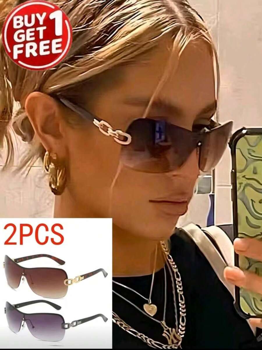 2pcs Wraparound Y2K Futuristic Fashion Glasses - 2pc (double Tea and Double Gray) - View 1
