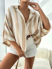 女士条纹单排扣休闲百搭日常衬衫 - 卡其色 - 查看 3