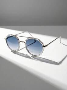 1 Piece Women's Sunglasses With Transparent Blue Lenses, Polygonal Aviator Style, Summer Fashion, Beach Style - Màu xanh nhạt - Xem 2