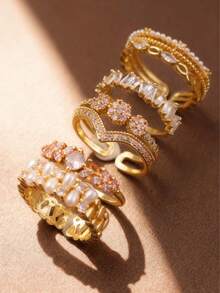 5件套优雅时尚奢华多功能精致华丽复古花卉、叶子、皇冠、几何图案仿珍珠铜合金戒指套装，适合日常佩戴、商务场合、派对、节日等。 - 彩色 - 查看 6