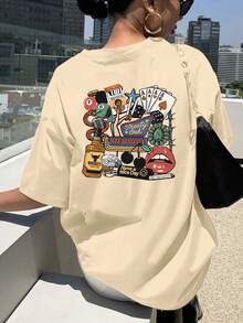 大码女式夏季休闲印花T恤，圆领短袖简约百搭上衣，复古拼接T恤，复古纹身图案T恤，复古牛仔设计 - 卡其色 - 查看 6