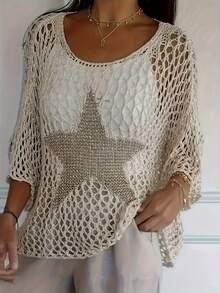2026新款复古水钻镂空针织衫，宽松网纱透视上衣，春季大气穿搭 - 杏色 - 查看 4