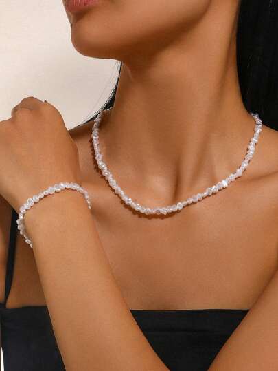 巴洛克珍珠项链，女士复古高端不对称锁骨项链，简约奢华独特设计流行珍珠项链手链套装