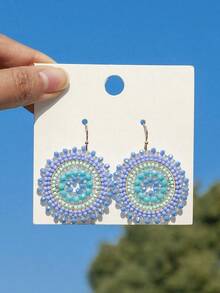1pair Bohemian Style Colorful Beaded Woven Earrings For Women, Daily Jewelry Accessories - 藍色 - 查看 8
