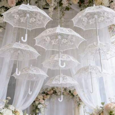 3pcs White Lace Parasol, Party Decor, Portable Mini Umbrella For Wedding And Dance Performance, Angel Goddess Gift Lace Umbrella, Foldable, Wedding Party Decor, Photography Prop