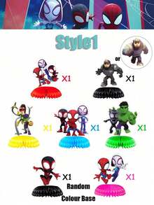 Marvel 7/8件套漫威蜘蛛侠蜂窝状装饰品套装，适用于生日派对装饰、桌面摆件，带蜂窝状底座 | 超级英雄主题派对用品，是漫威粉丝的完美生日礼物（底座随机） - 彩色 - 查看 5