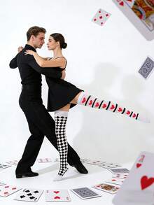 梦幻仙境不规则扑克菱形格纹/心形卡通风格艺术长筒袜，适合音乐节、舞会、魔术师和万圣节恶搞服装 - 彩色 - 查看 4