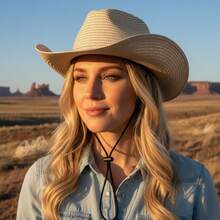 Hollow Western Cowboy Hat Combines Straw Material With Retro Design. It Has A Wide Brim And A Classic Hat Shape. It Has Both Sun Protection And Style. It Is Suitable For Summer Travel, Beach Parties Or Theme Activities, Showing The Free And Unrestrained Western Style And Personality Declaration. - 米色 - 查看 2