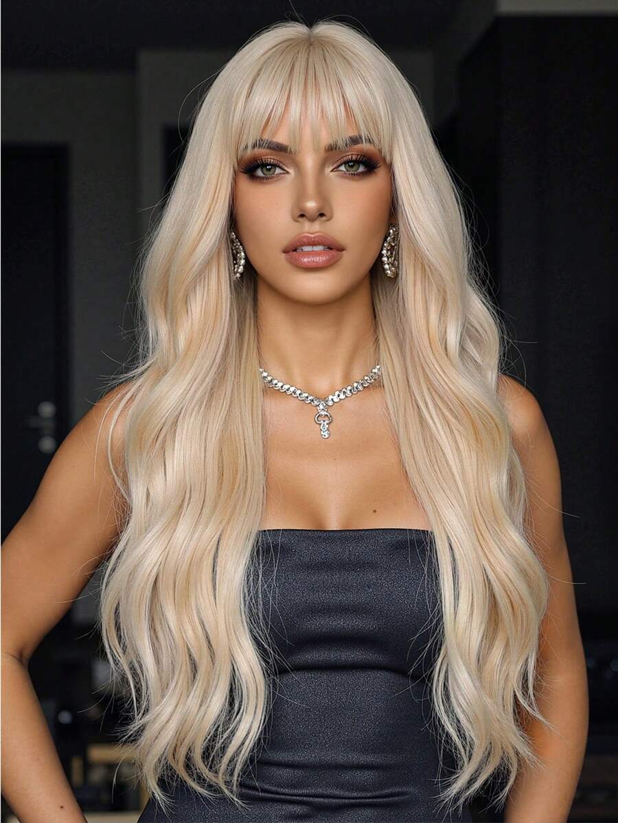 26" Machine Made Champagne Blonde Body Wave Wig With Bangs, High Temp Fiber Voluminous Wig With Adjustable Stretchy Cap - Gold - View 1