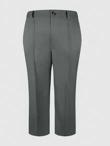 (No Belt) Plus Size Solid Color Pocket Office Daily Commute Elegant Dress Pants Spring - Dark Grey - View 4