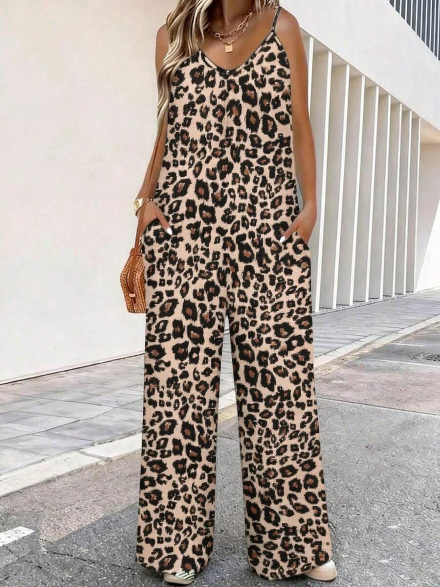 Women's Strapless V-Neck Jumpsuit: Classic Beige, Black & Tan Leopard Print Wide-Leg Romper With Side Pockets, Effortlessly Chic Resort-To-Evening Wear For Summer Vacation, Beach Clubs, And Date Nights. - FSZW32378 - 查看 1
