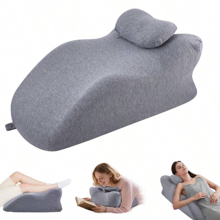 1PC Memory Foam Bed Wedge Pillow With Detachable Headrest & Washable Cover, Orthopedic Incline Support Cushion For Acid Reflux, Snoring, Leg Elevation - Grey - View 1