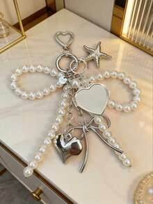 1pc Unisex Y2K Cute Beaded Bow Pendant, Fashionable Heart-Shaped Large Bag Pendant, Fashionable Heart-Shaped Rotating Mirror Pendant, Silver Heart-Shaped Swivel Hook Design, Spring Clasp, Starfish, Bow And Heart Element Phone Charm Keychain - Multicolor - View 15