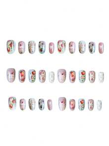 24pcs Medium Almond-Shaped Easter Fake Nails With Cute Rabbit, Strawberry, Flower Patterns, Pink Cake Design, Full Coverage Glossy Acrylic Nails For Women - Multicolor - View 3