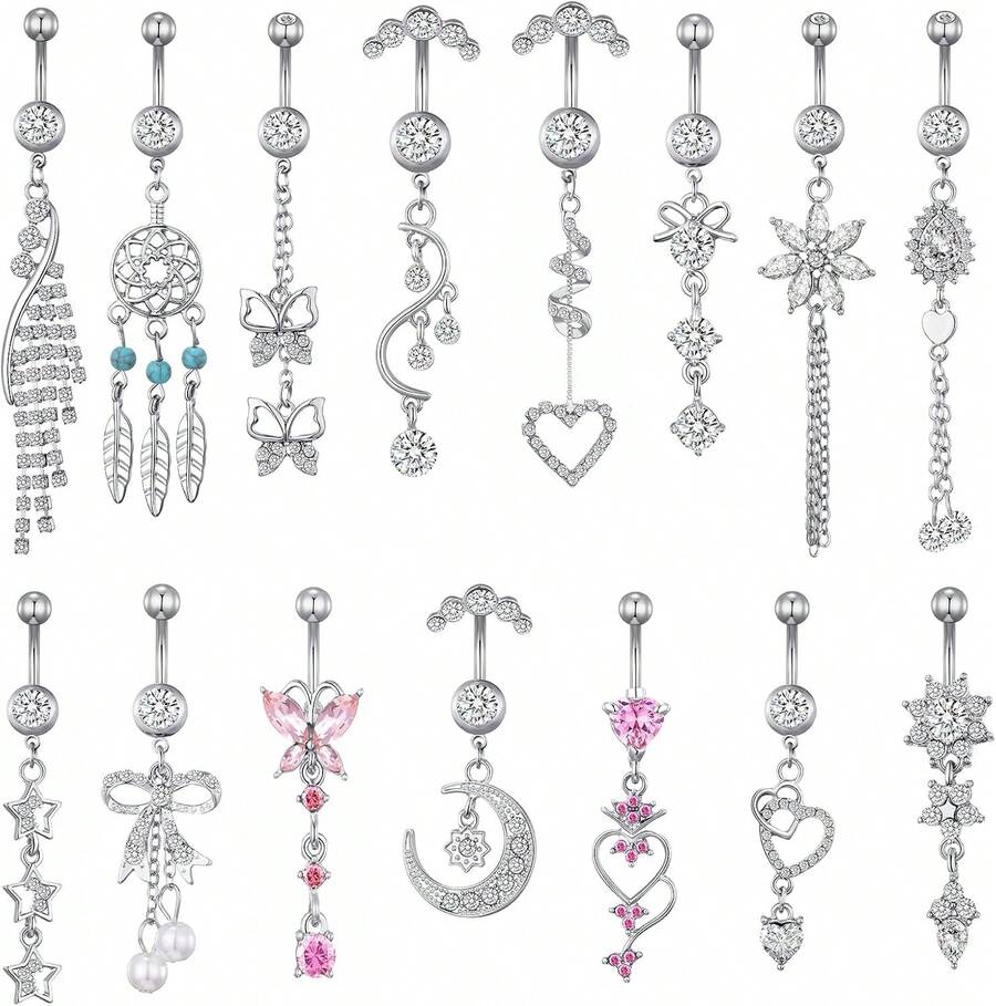 15PCS 14G Stainless Steel Belly Button Rings With AAA Cubic Zirconia - #4-silvertone-charm - View 1