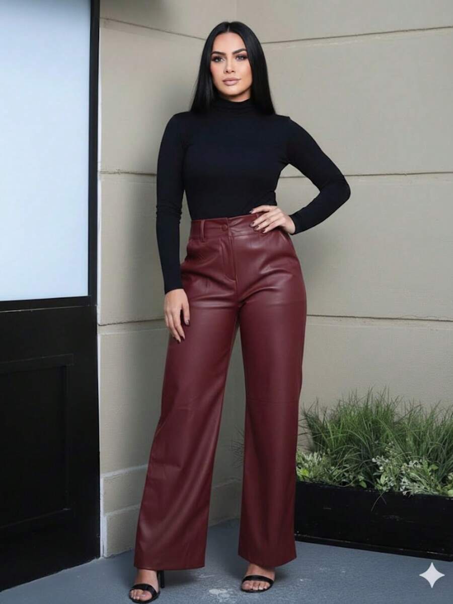 Women's Leather High-Waisted Wide Leg Pants, Plain, Elegant, Casual, Modern, For Work And Evening Looks, Winter, São João 2026 - 紅木色 - 查看 1