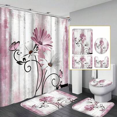 一套 4 件农舍风格蓝绿色雏菊图案浴帘，包括浴帘、地毯和配件；一套 12 件防水装饰浴帘，适用于浴室。