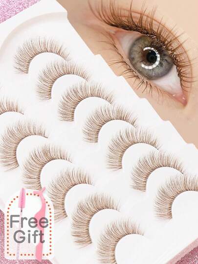 Brown False Eyelashes 7 Pairs Natural Lashes Faux Mink Lashes Cat False Eyelashes Fluffy Soft Dramatic 3D Mink Lashes Long Wispy Eyelash Multi-Layered Eyelashes Short Thick Fake Eyelash Extension Bulk Faux Makeup Products Wedding Party & Club Daily Work Meeting