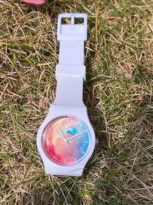 1块简约夏日清新梦幻渐变星空图案果冻防水石英表，适合儿童、学生、男孩女孩、青少年，可作礼物 - 白色 - 查看 1