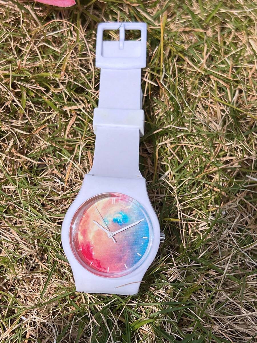 1块简约夏日清新梦幻渐变星空图案果冻防水石英表，适合儿童、学生、男孩女孩、青少年，可作礼物 - 白色 - 查看 1