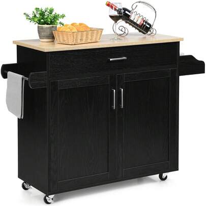  COSTWAY Kitchen Island Cart, Rolling Storage Trolley Cart With Lockable Rubber Casters, Large Cabinet, Drawer, Spice Rack And Towel Rack, Kitchen Serving Utility, 3-Position Adjustable Shelf, Black