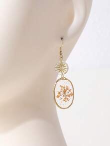 1 Pair Personalized Fashion Dried Flower Resin Effect Oval Pendant Matching Round Glass Flower Earrings, Suitable For Vacation, Party And Daily Wear, Natural Dried Flower May Have Slight Differences From The Picture - Orange - View 7