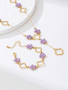 Conjunto de Joias Colar e Pulseira com Flor Roxa Oca e Borla, Estilo Boêmio, Acessórios de Verão, Presente para Mulheres - Malva - Visão 3