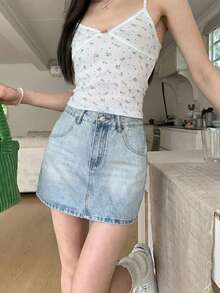 蓝色牛仔紧身半身裙，高腰A字迷你裙，带衬里，休闲夏季款 - 淺藍 - 查看 2