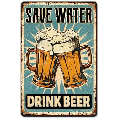 1pc 2DFLAT, Water-Saving Beer Drinking Vintage Wall Plaque - Rustic Blue & White Retro Art With Foam Beer Illustration, Iron Decor Suitable For Man Cave Or Garage - Perfect Gift And Distressed Design For Halloween, Christmas Decoration
