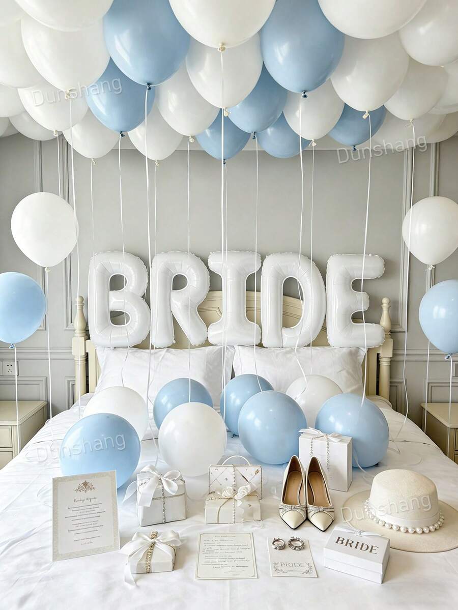 45件套蓝白婚礼气球套装 - 40英寸巨型“BRIDE”铝箔气球、乳胶气球,适用于单身派对、新娘送礼会、拍照区装饰、家居装饰(室内/室外) - 彩色 - 查看 1