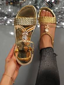 Giày sandal dệt màu vàng bóng cổ điển - Giày bệt quai ngang mắt cá chân bóng bẩy, phù hợp với váy dạ hội - Giày dự tiệc mùa hè phong cách Bohemian - Vàng - Xem 4