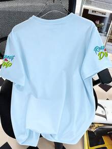 Áo thun ngắn tay cổ tròn in hình bóng đá và mũ bảo hiểm thời trang cho bé trai, chữ cái nhiều màu sắc, mẫu mới cho mùa hè và mùa thu. - Màu xanh nhạt - Xem 4