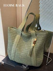 New Arrival torba plażowa o dużej pojemności z tkanej słomy, prosta i swobodna torba na ramię w stylu francuskim do codziennego użytku - Zielony - Zobacz 1
