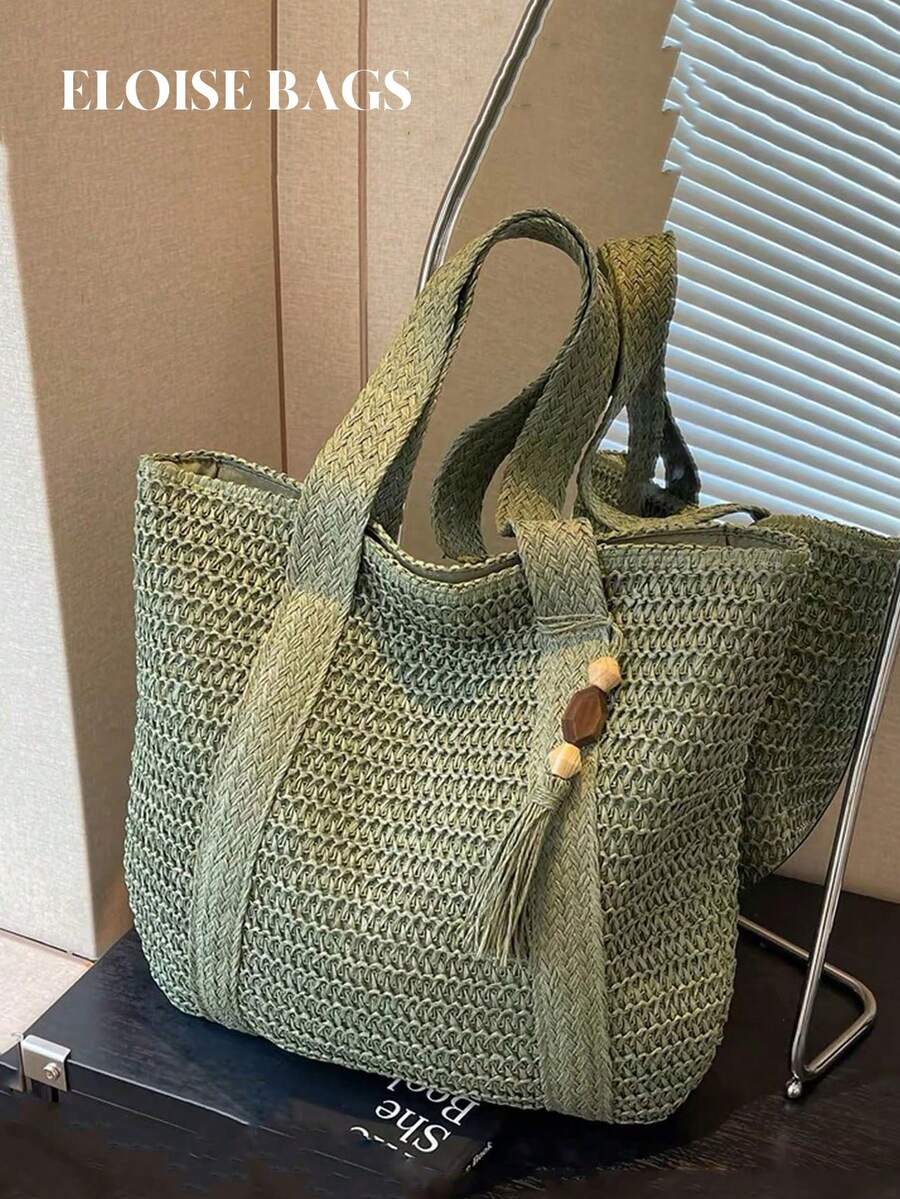 New Arrival torba plażowa o dużej pojemności z tkanej słomy, prosta i swobodna torba na ramię w stylu francuskim do codziennego użytku - Zielony - Zobacz 1