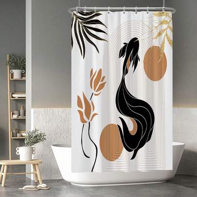 1pc Bohemian Abstract Goldfish Shower Curtain, Lotus Shower Curtain, Used For Bathroom Artist, Hotel Bathtub Partition Decoration, Suitable For Bathroom Partition, Bathroom Decoration, Bathroom Accessories
