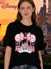 Minipol Dot Bow Castle DISNEYLAND Printed White Loose Short Sleeve T-Shirt Women's Casual Top - 黑色 - 查看 2