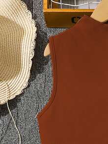 Left Mama Vestido plisado sin mangas con cuello Mao para niñas, elegante para el verano - Marrón - Ver 4