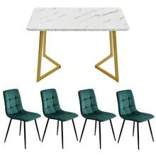 117cm Dining Table With 4 Chairs Set, Rectangular Dining Table, Modern Kitchen Table Set, Dark Green Velvet Dining Chair, Gold Table Legs - Green - View 4