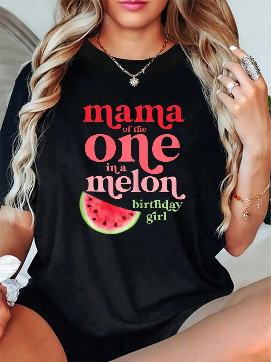 100% Cotton Unisex Mama Of The One In A Melon Birthday Girl Watermelon First T-Shirt Casual Fashion Top - Black - View 1