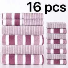 Super Soft And Comfortable 16-Piece Premium Bath Towel Set - Includes 4 Extra-Large Thick Bath Towels, 4 Hand Towels, And 8 Square Towels. These Highly Absorbent And Quick-Drying Towels Are Perfect For Home Use, Ideal For Bathrooms, Hotels, Showers, Gyms, Travel, Yoga, And Are An Essential Bathroom Accessory. - Bộ 16 món kẻ sọc rộng - Màu tím - Xem 11