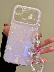 2件套可爱卡通兔子、蝴蝶结、花朵手机壳套装，适用于 17 Pro Max、17 Pro、17、16 Pro Max、16 Pro、16、15 Pro Max、15 Pro，时尚女孩蝴蝶爱心挂绳后盖 - 碎花蝴蝶結兔子 - 查看 3