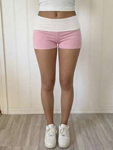 Sunny Girly Y2K Style Pink Striped Shorts For Women, Low Waist Adjustable Hem Design, Suitable For Casual, Home, Street And Daily Commute Summer - Pink - View 3