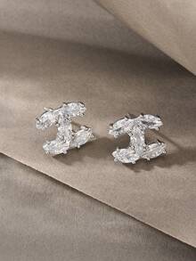 1 Đôi bông tai bạc, kiểu dáng thời trang, thanh lịch, tối giản, sang trọng, làm từ bạc sterling 925 và đồng đính đá Cubic Zirconia, phù hợp cho phụ nữ đeo hàng ngày. - Bạc - Xem 2