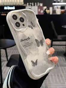 1pc Gray Butterfly Text UV Printed Pattern Design Cream Texture Phone Case, Suitable For IPhone XR 11 12 13 14 15 16 Plus 17 Pro Max Air Series, Durable And Fashionable Design, Full Camera Protection, Good Grip, Protective - Multicolor - View 3