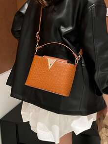 Bolso cuadrado pequeño de textura trenzada de moda, bolso de hombro personalizado para ir al trabajo, bolso cruzado para mujer - Marrón - Ver 8