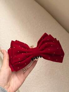 1pc Women's Double-Layer Rhinestone Velvet Bow Hair Clip, Elegant Versatile Banana Hair Accessory - Multicolor - View 12