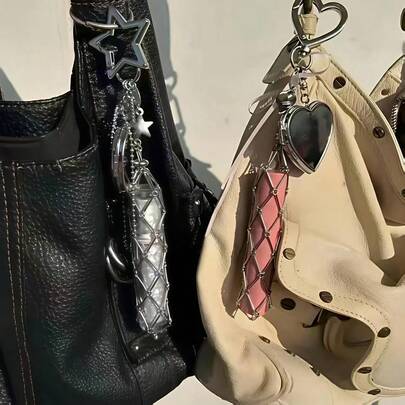 1pc Women's Lipstick Holder Keychain, Bag Charm. Mirror Case With Mesh Bag, Heart/Star Shaped Ring, Suitable For Storing Lipstick, Keys And Bags. Fashionable And Practical, Perfect For Makeup Enthusiasts, Fashion Accessories, Gifts And Daily Use