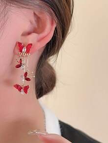 一对优雅蝴蝶锆石耳环，时尚长流苏耳环 - 彩色 - 查看 3